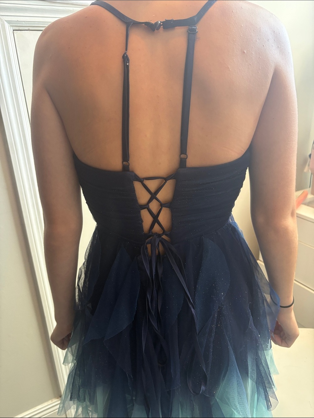 Navy Backless Tulle Lace-Up Women’s Party Dress